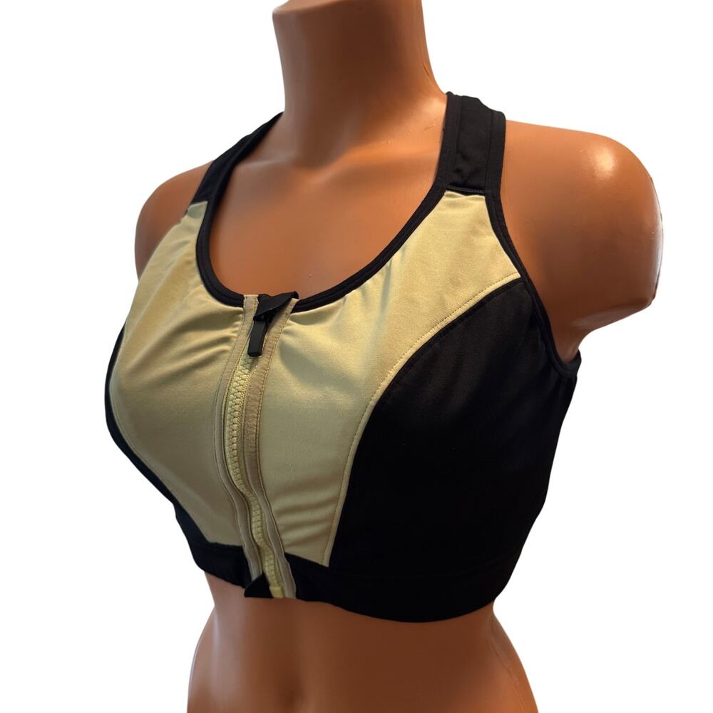 LIVI Active Zip-Front Sports Bra Size 44C Black Lime Green No-Wire Racerback